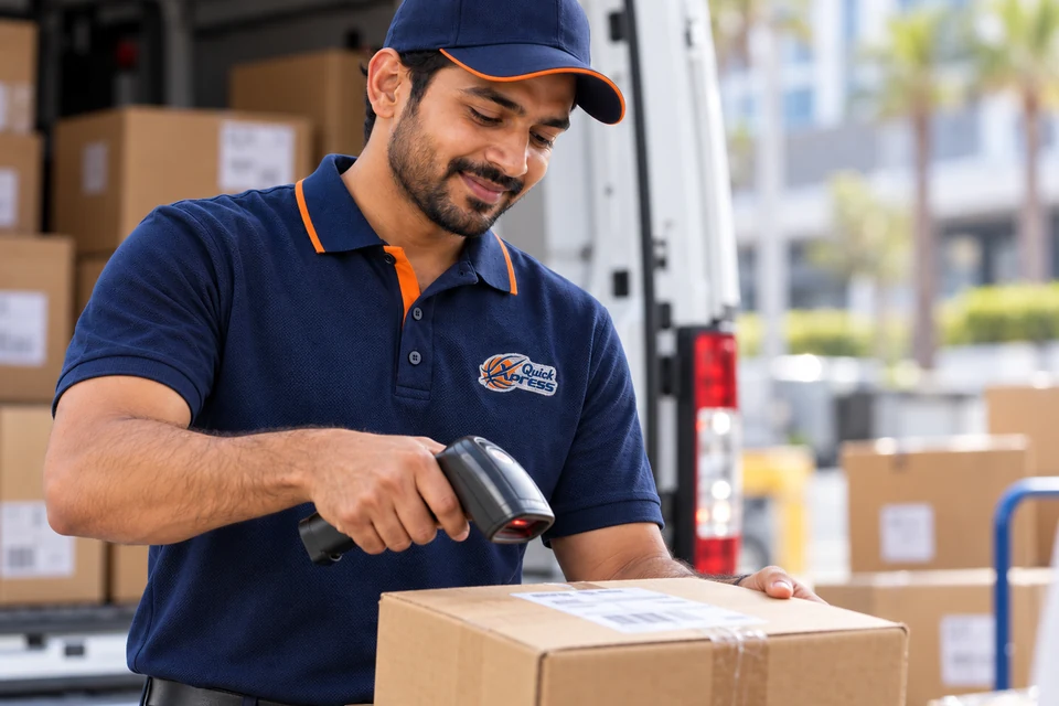 Illustrative courier staff preparing a parcel